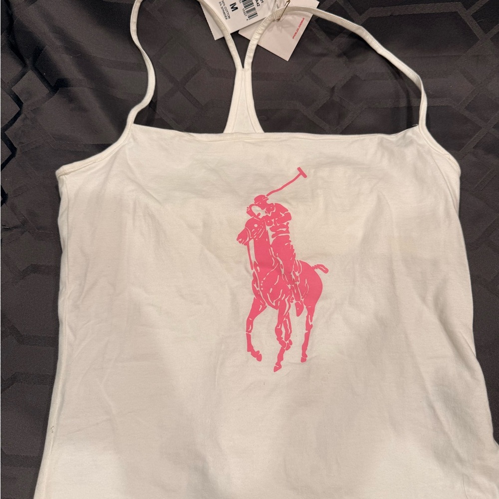 Ralph Lauren White Racerback Tank with Pink Logo, built-in bra